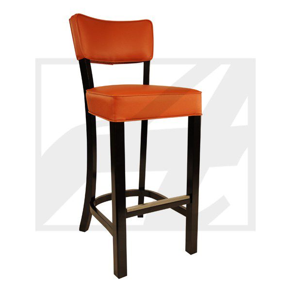 Orange cushioned bar stool with dark wooden legs and backrest support.