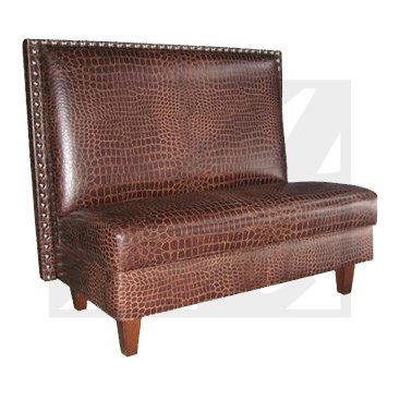 Brown faux crocodile leather bench with wooden legs.