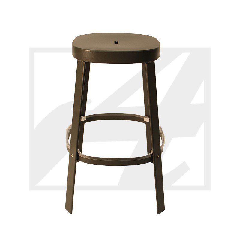 Simple wooden bar stool with a round seat and four legs.