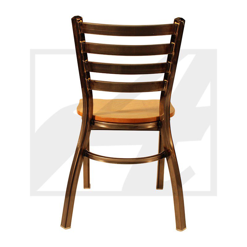 Wooden chair with a slatted backrest and a cushioned seat, viewed from behind.