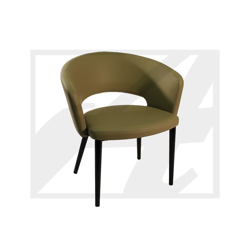 Modern olive green chair with black legs and a curved backrest.