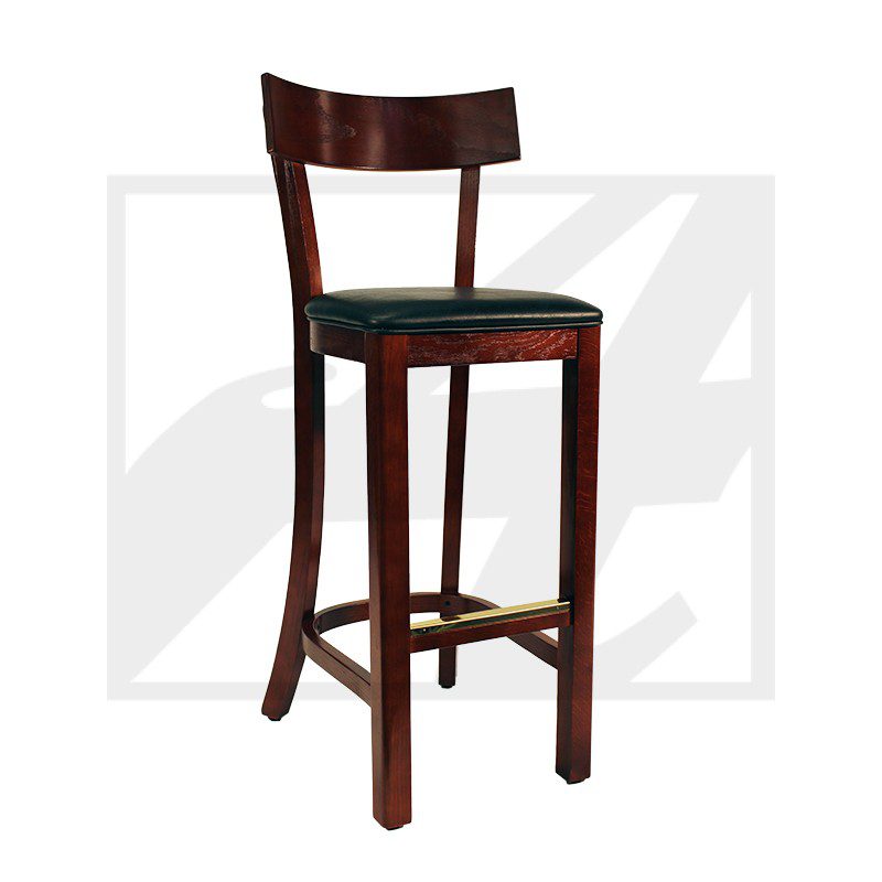 Tall wooden bar stool with a cushioned seat and backrest.