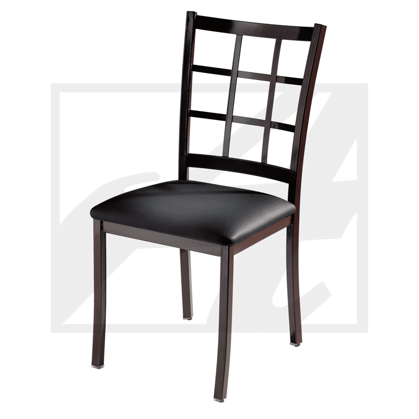 Wooden chair with a black cushioned seat and grid-patterned backrest.