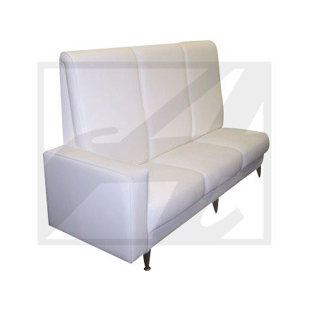 A modern white sofa with a high backrest and metal legs.
