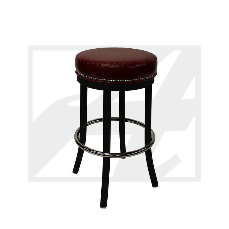 A round, brown cushioned bar stool with black metal legs and footrest.