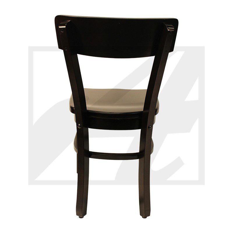 Back view of a simple wooden chair with a dark finish.