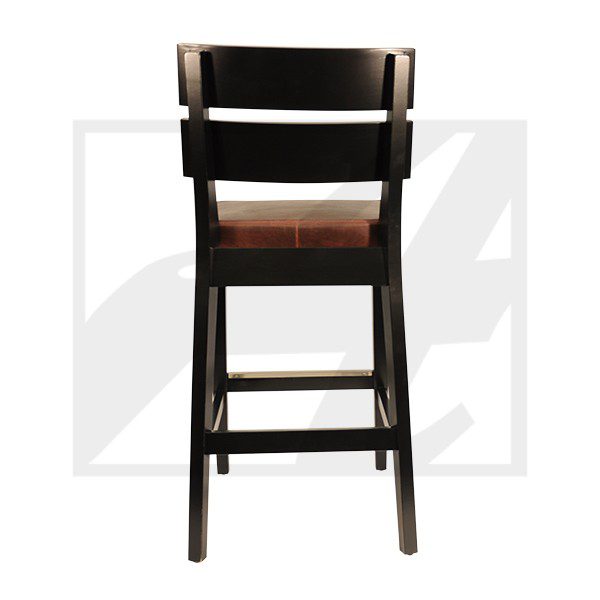 A tall wooden bar stool with a dark finish and a brown seat cushion.