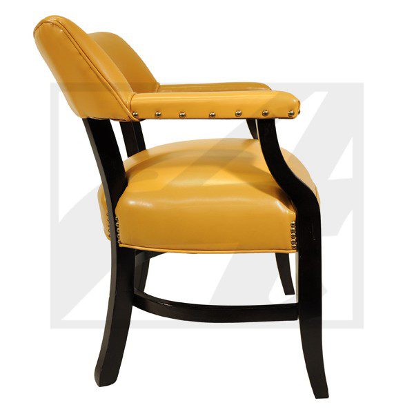 Modern yellow upholstered chair with dark wooden frame.