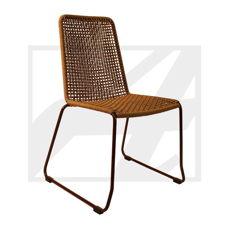 Brown woven chair with metal frame and sled legs.