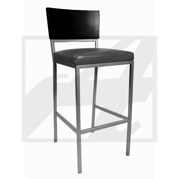 Modern bar stool with black seat and backrest on metal frame.