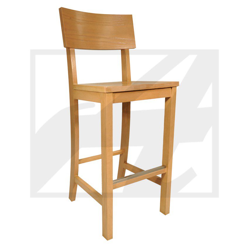 Wooden bar stool with a simple design and footrest.
