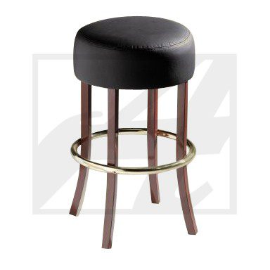 Round cushioned bar stool with wooden legs and metal footrest.
