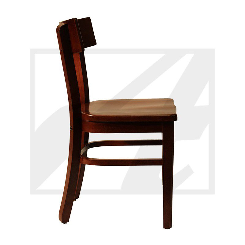 Side view of a wooden chair with a cushioned seat.