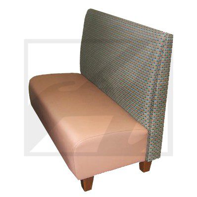 A two-tone bench with a cushioned seat and woven backrest.