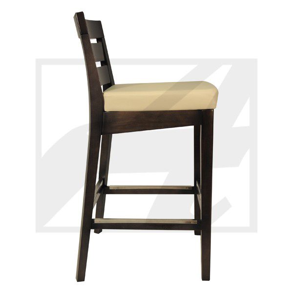 Dark wood bar stool with beige cushioned seat and backrest.