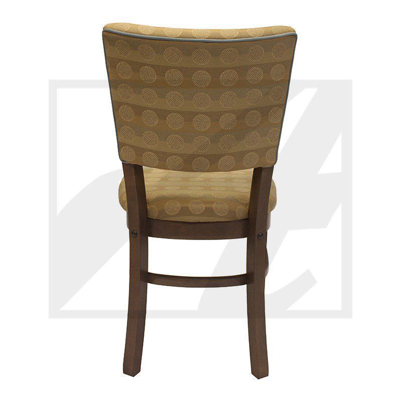 Wooden chair with cushioned backrest, viewed from behind.