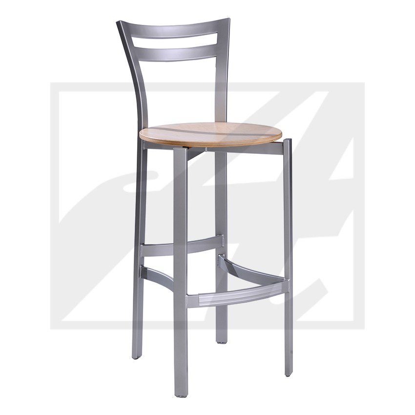 Metal bar stool with a wooden seat and backrest.
