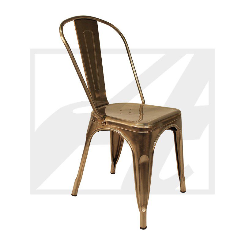 A rustic metal chair with a curved backrest and four sturdy legs.