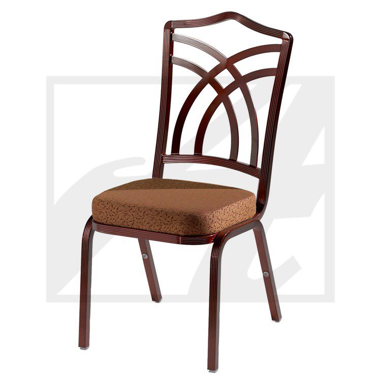 A brown metal chair with a cushioned seat and decorative backrest.