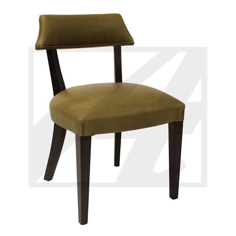Modern olive green upholstered chair with dark wooden legs.