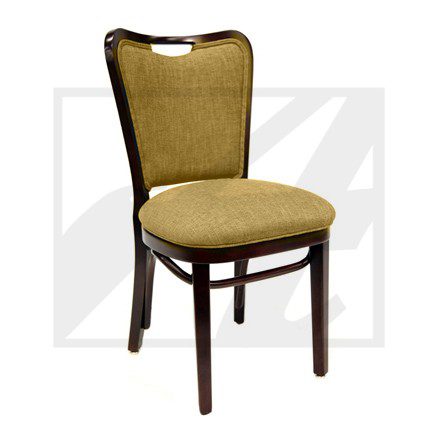 Classic wooden chair with cushioned seat and backrest in beige fabric.