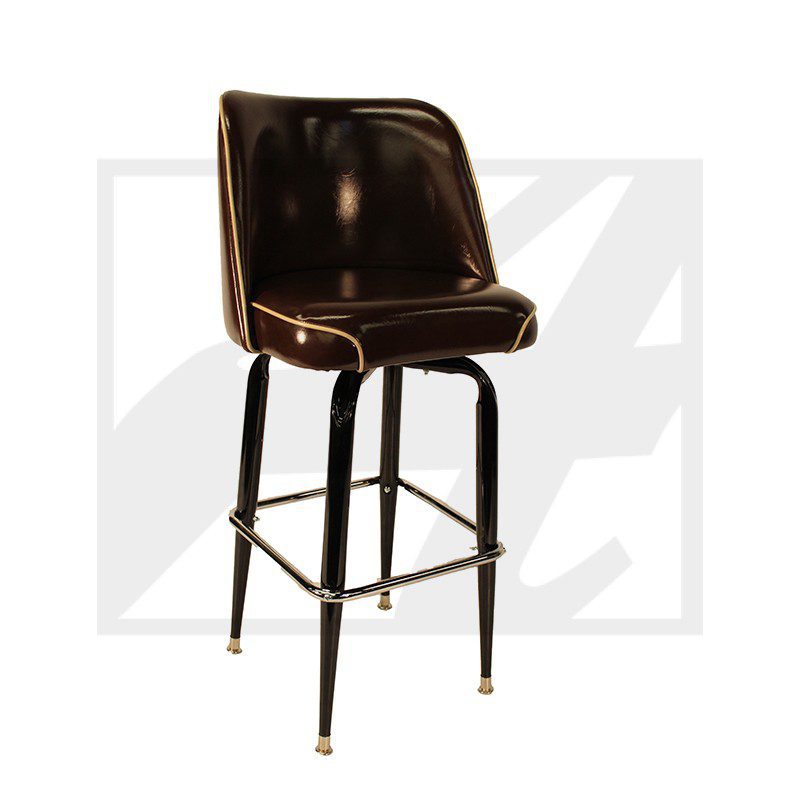Elegant black leather bar stool with brass accents and footrest.