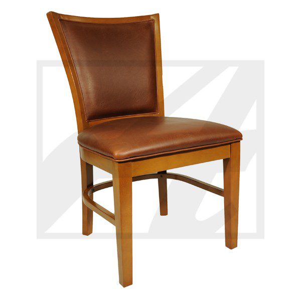 Elegant brown leather dining chair with wooden legs.