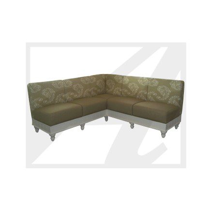 Corner sofa with beige cushions and wooden legs.