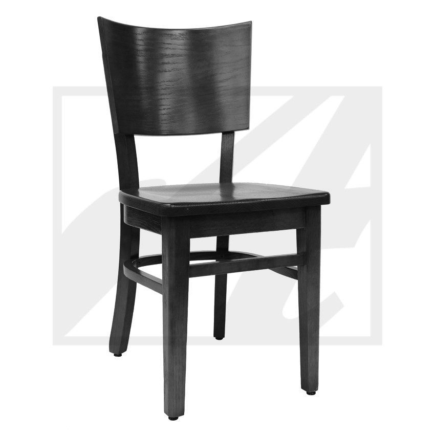 A simple black wooden chair with a curved backrest.