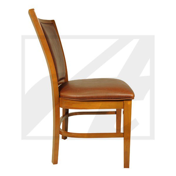 Wooden chair with brown leather upholstery and high backrest.