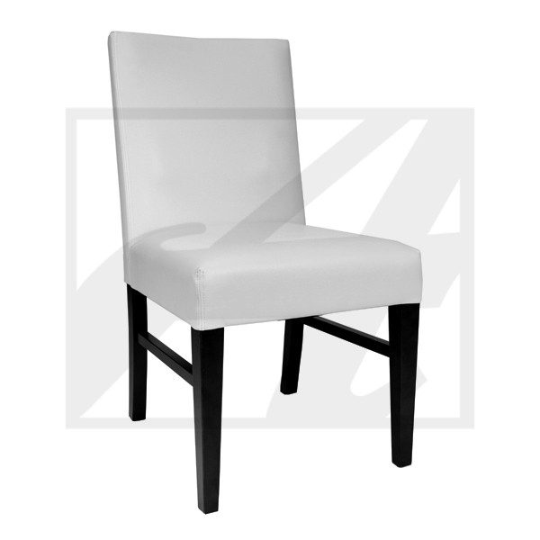Modern white upholstered dining chair with dark wooden legs.
