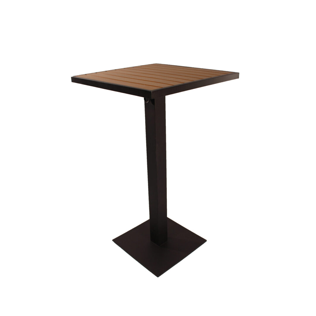 Simple square wooden table with a black pedestal base.