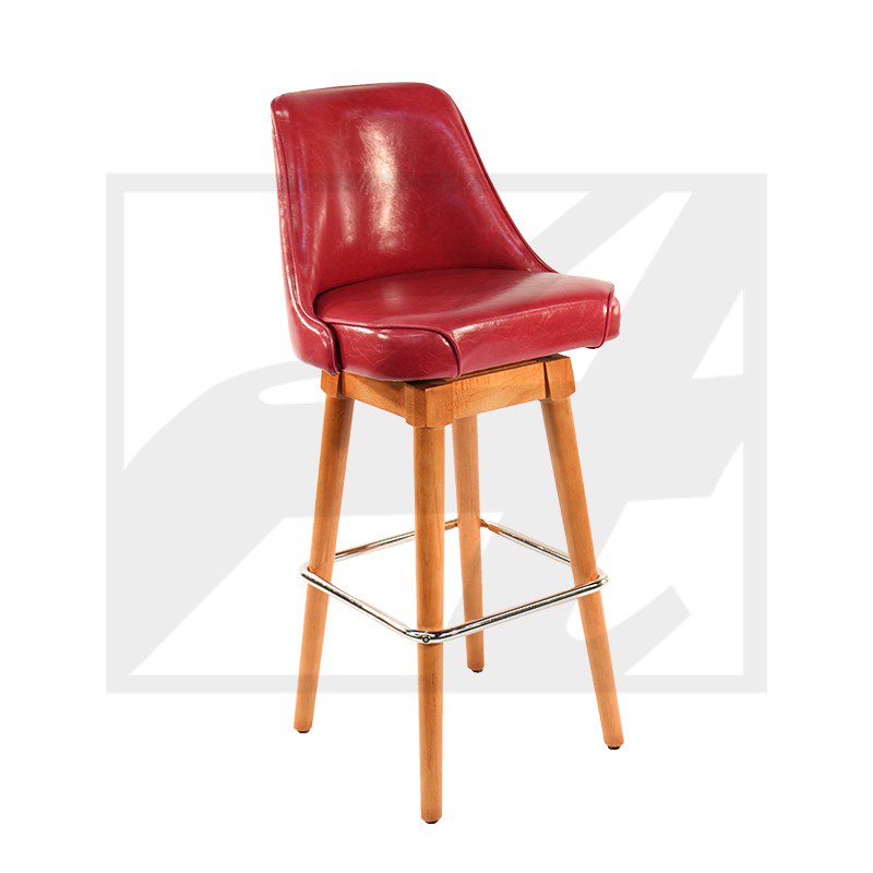 Red leather bar stool with wooden legs and backrest.