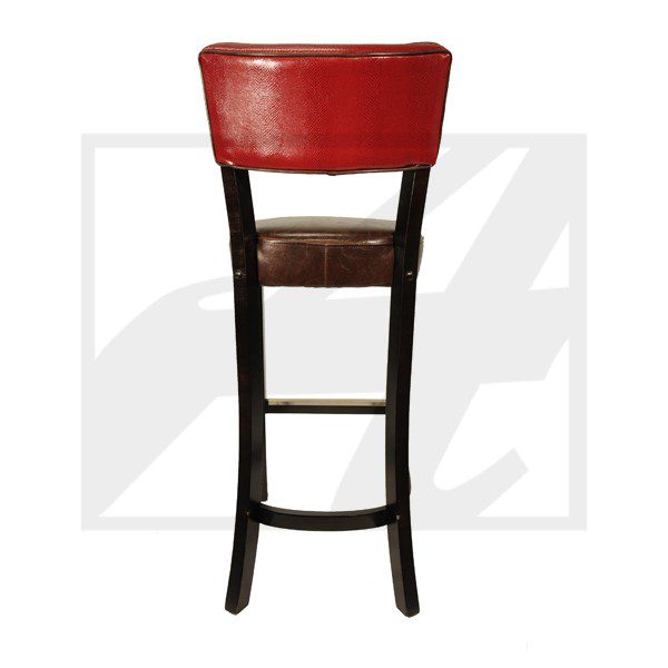 Tall bar stool with a red cushioned backrest and dark wooden frame.