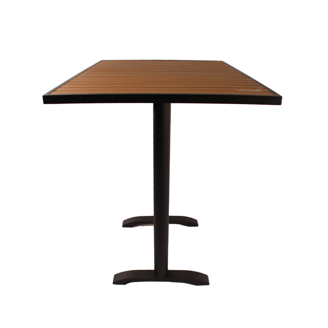 A rectangular wooden table with a black metal pedestal base.