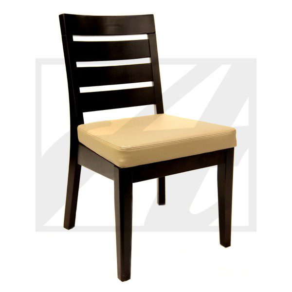 Dark wooden chair with a beige cushioned seat and slatted backrest.