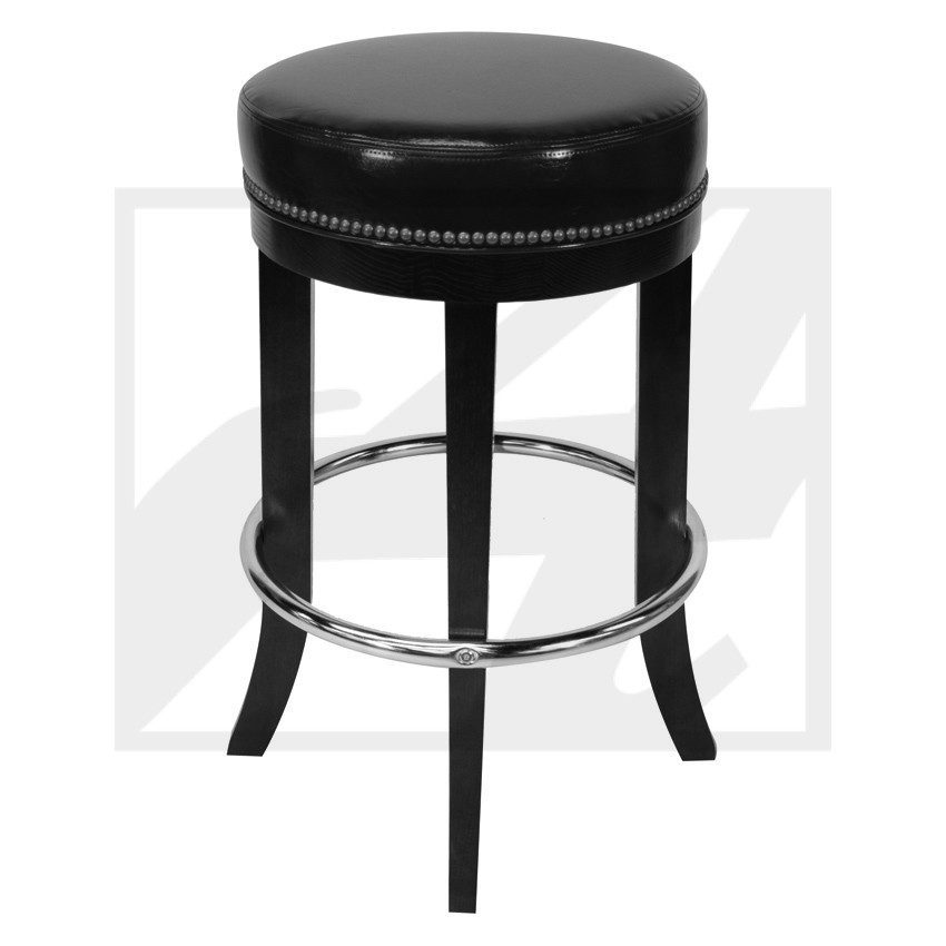 Black bar stool with padded seat and metal footrest.