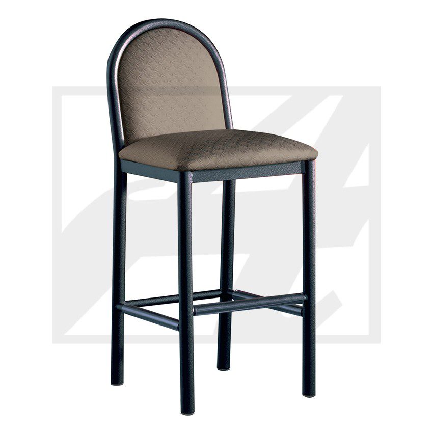 A modern bar stool with a cushioned seat and backrest in neutral tones.