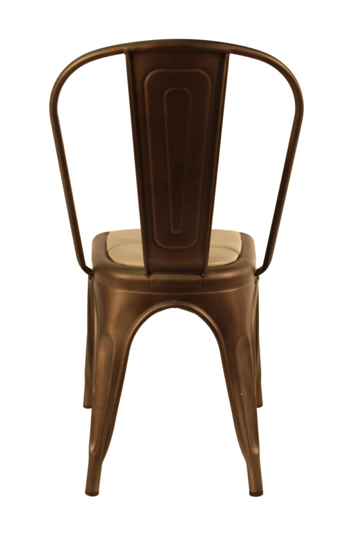 A vintage-style metal chair with a bronze finish and a minimalist design.