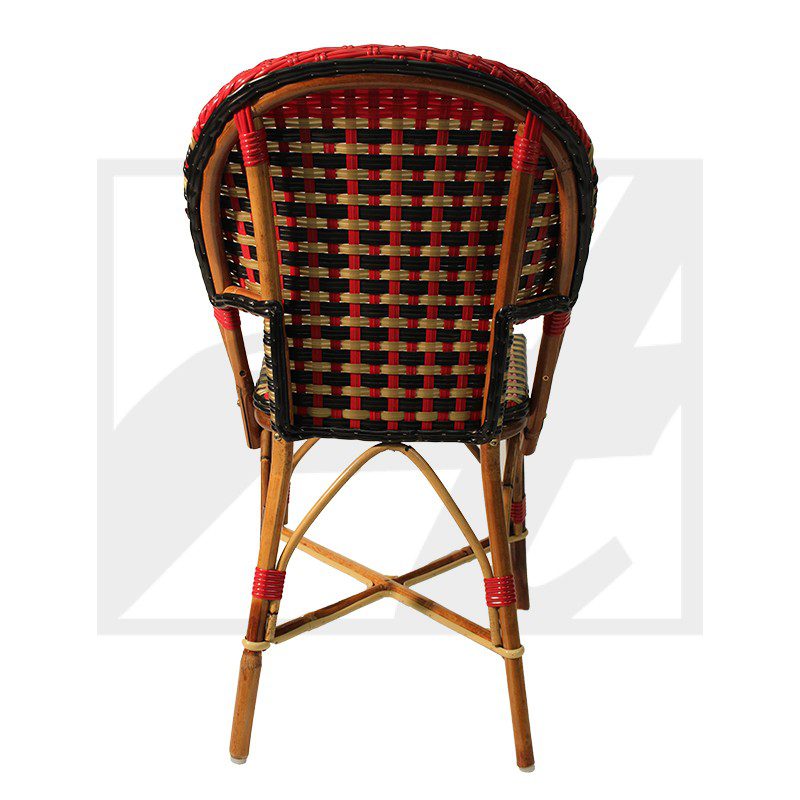 Back view of a woven rattan chair with a checked pattern.