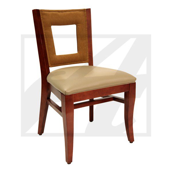 Wooden chair with beige cushioned seat and open back design.
