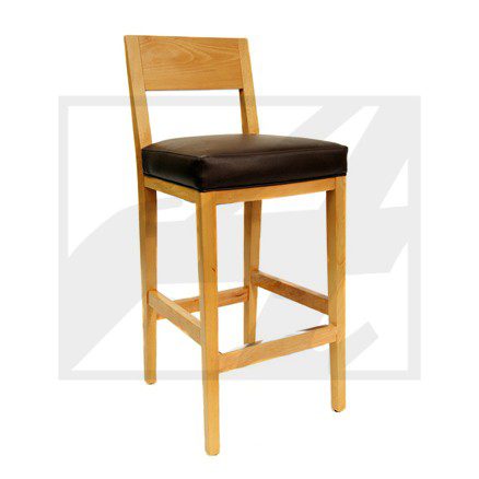 Wooden bar stool with cushioned seat and backrest.