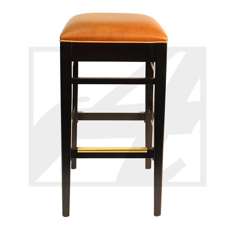 Tall wooden stool with an orange cushion seat and footrest.