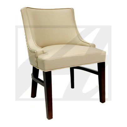 Beige upholstered chair with dark wooden legs and armrests.