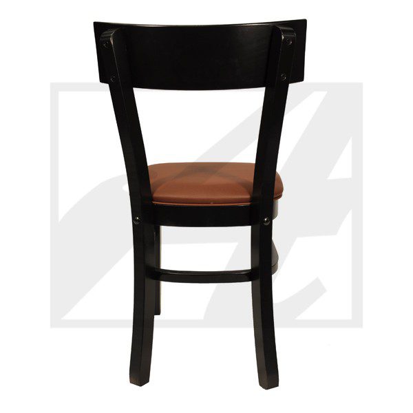Black wooden chair with a brown seat, shown from the back.