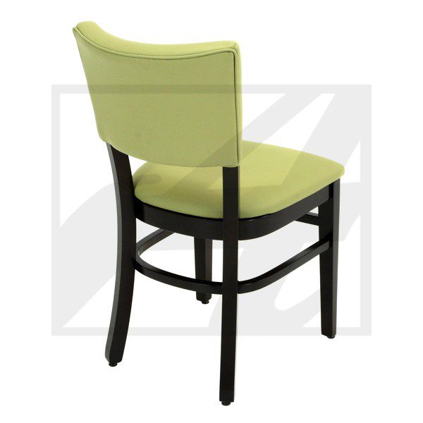 Green cushioned chair with black wooden legs and back support.