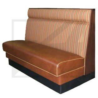 A brown leather and fabric restaurant booth seat with striped backrest.