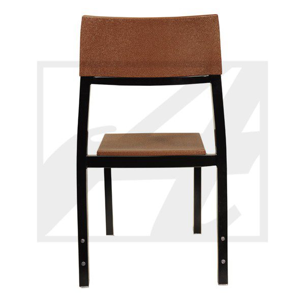 Modern brown chair with a black frame and wooden seat.