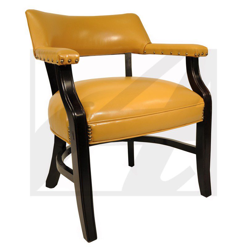 A stylish chair with mustard yellow cushions and black wooden frame.
