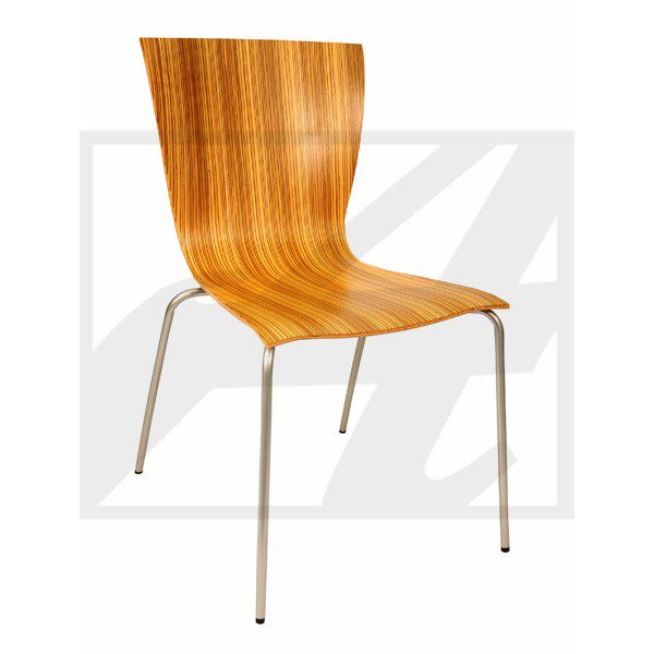 Modern wooden chair with metal legs and curved seat.